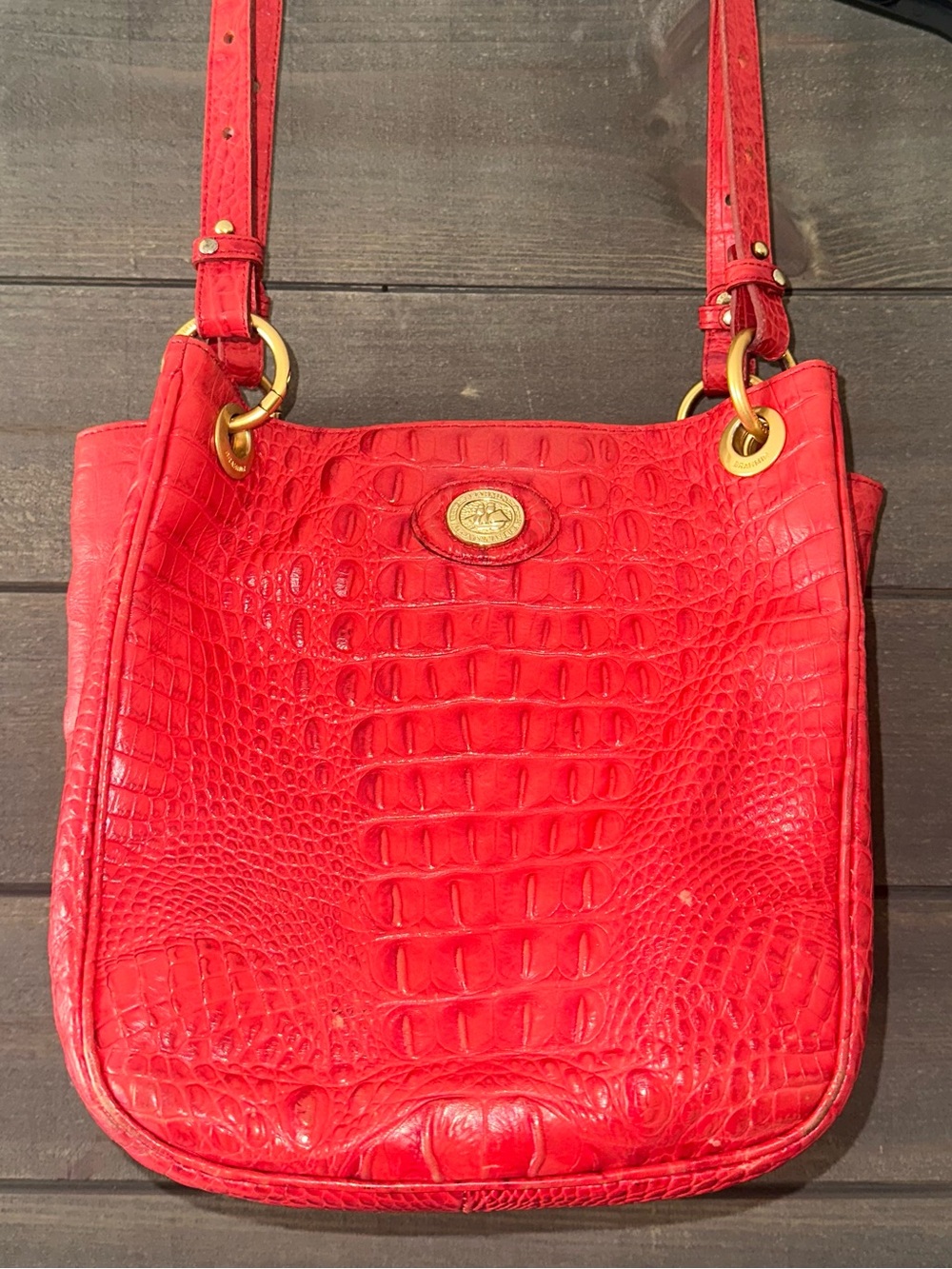 BRAHMIN Red Croc-Embossed Leather Bucket Shoulder Bag - Gold Hardware